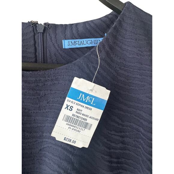 J.McLaughlin Sophia Dress Navy Radio Waves Jacquard Size XS 3/4 Sleeve NWT - Picture 3 of 6